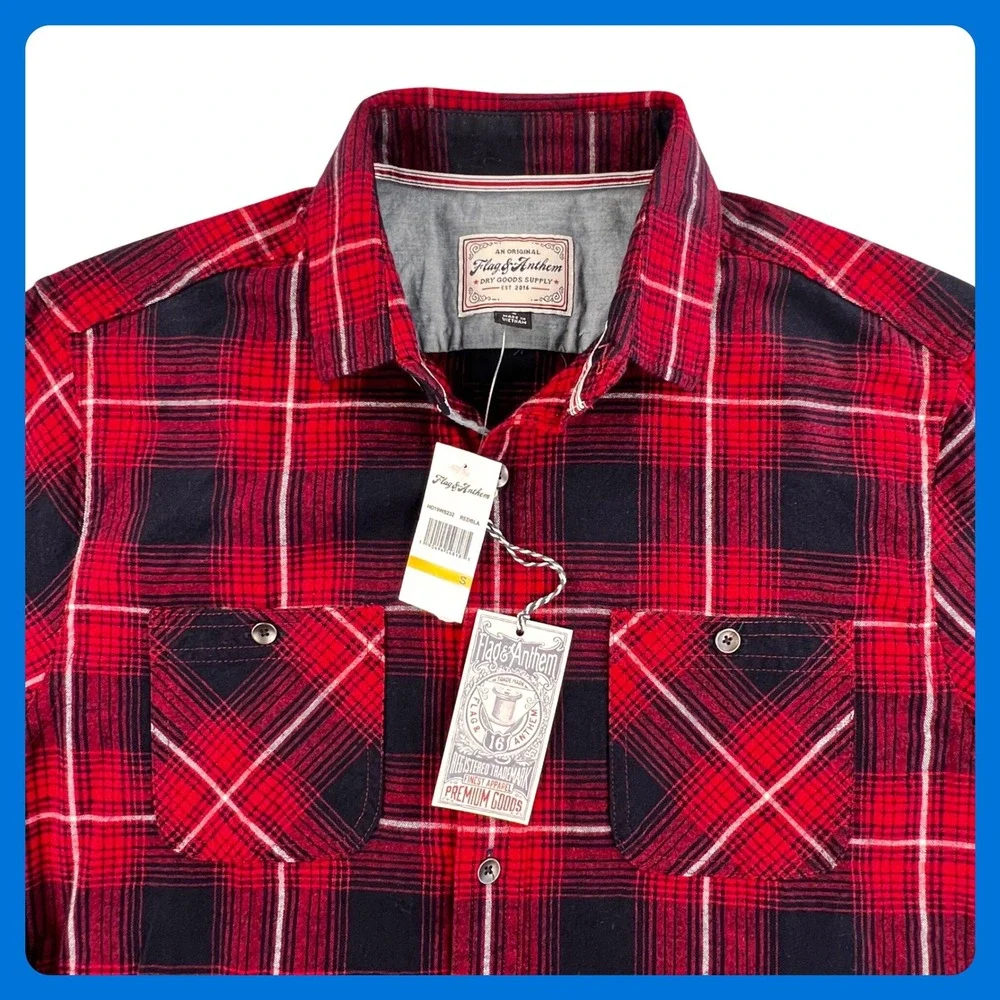 Flag & Anthem Plaid Flannel Shirt Men's SMALL Red Navy Blue Cotton HO19WS232 NWT